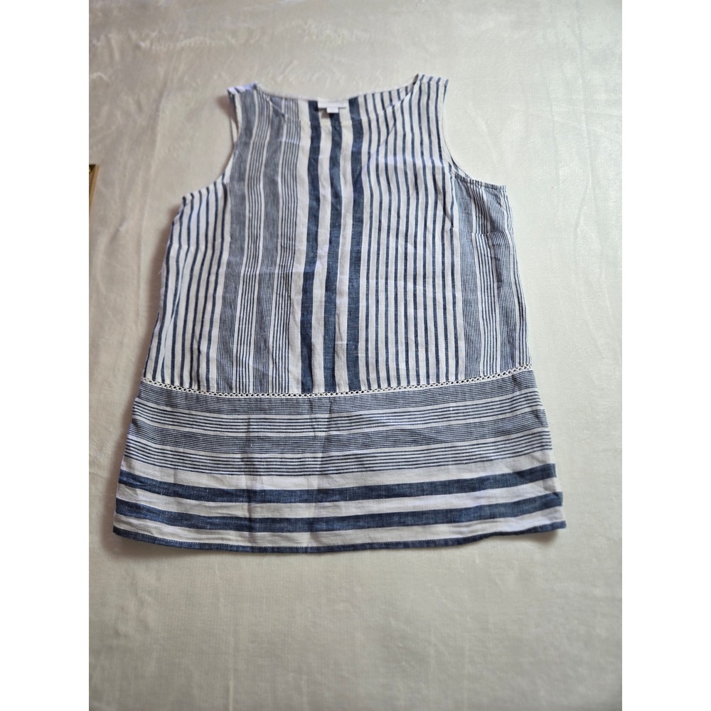 J.Jill Love Linen Blue White Striped Sleeveless Shell Top Crochet Lace XS